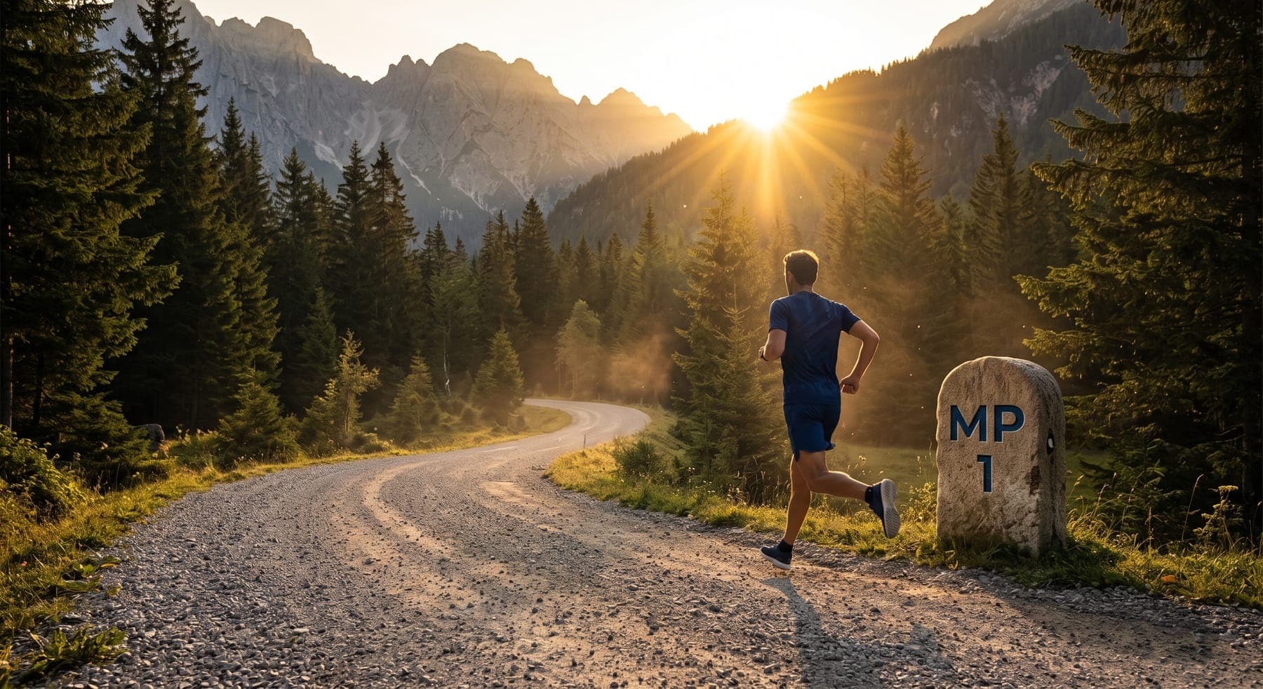 A runner on a mountain gravel road at sunrise, passing a milepost marker
