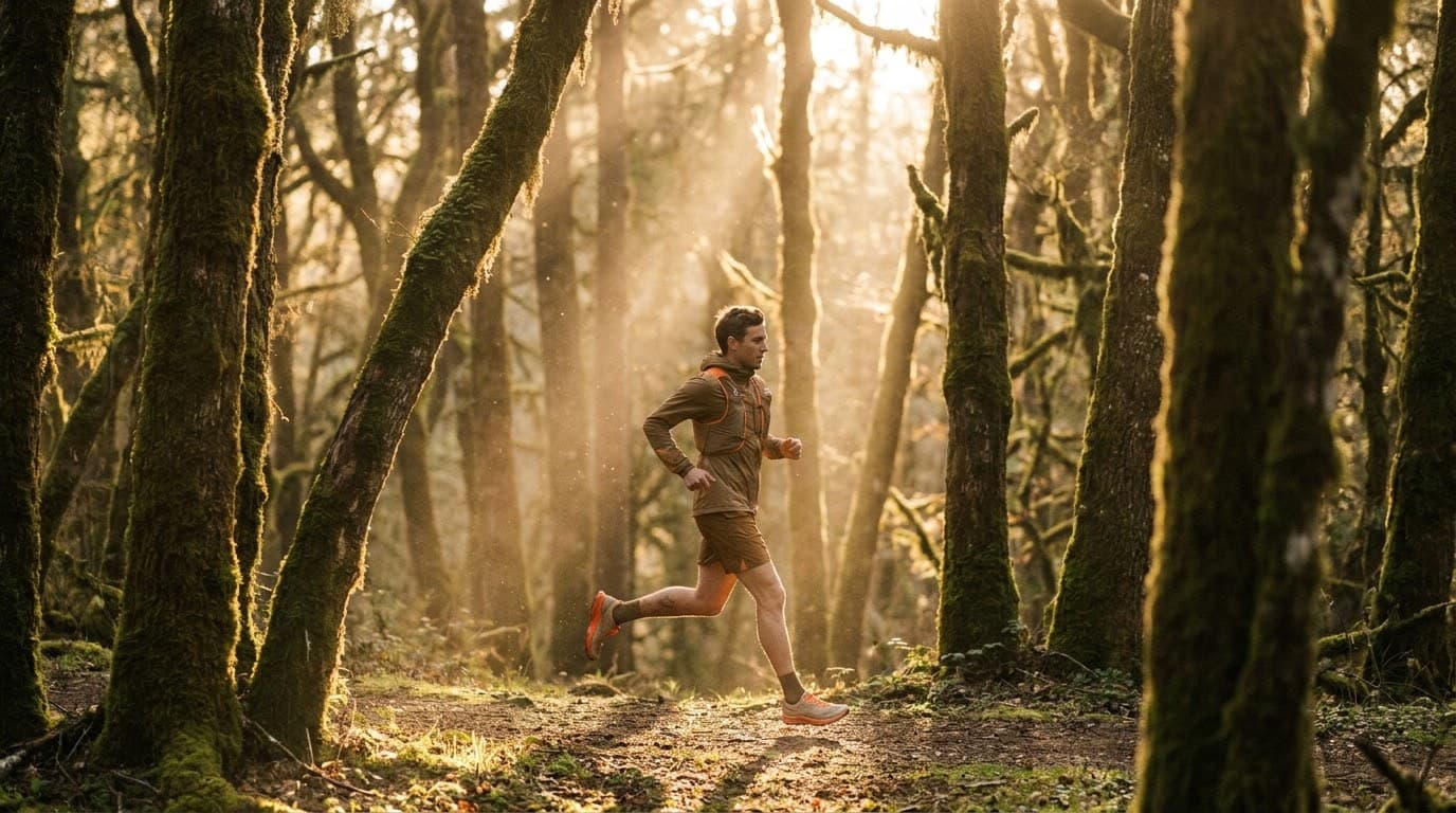 A runner moving through a sunlit, mossy forest trail