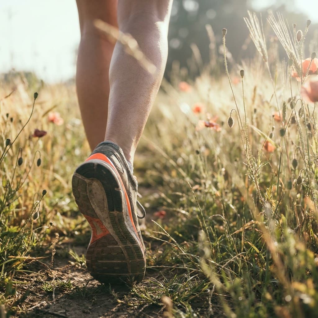 Close view of a runner's legs and shoes moving through a wildflower meadow path