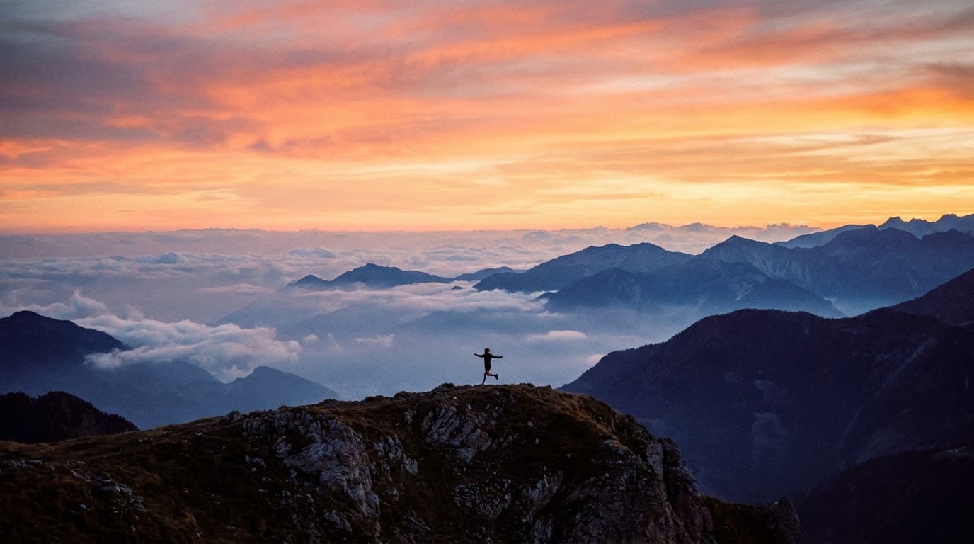 A runner cresting a mountain ridge above the clouds at sunset